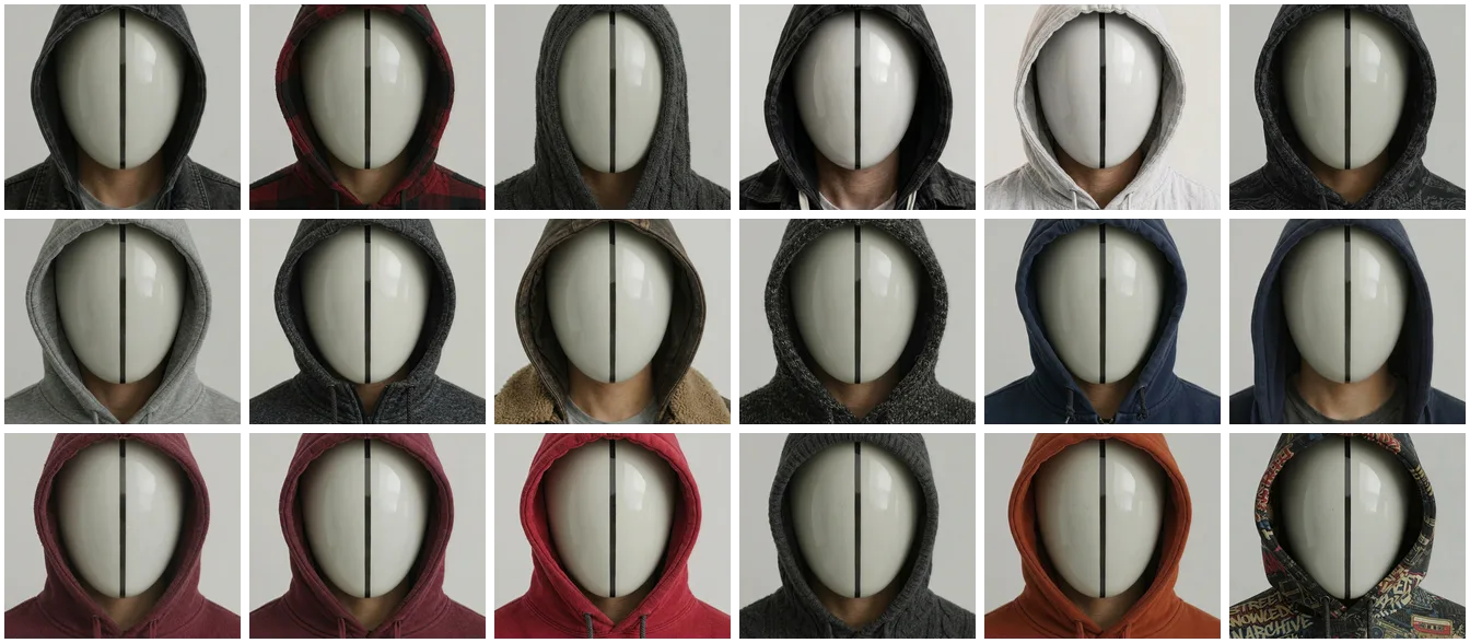Eighteen renders of the masked figure in different hoodies, the slit in the same place in every one