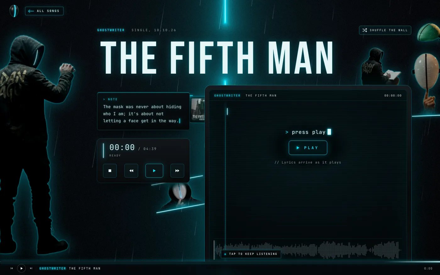 The Fifth Man's song page in the Ghostwriter's world, with the note, the player and cut-outs from the video