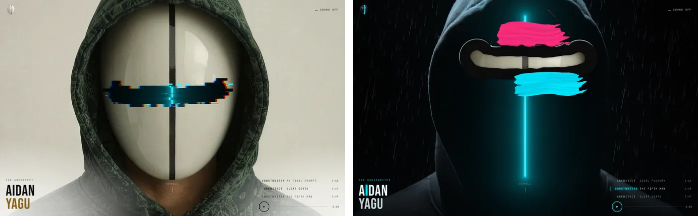 The home page in the Architect's daylight world and in the Ghostwriter's rain world, side by side
